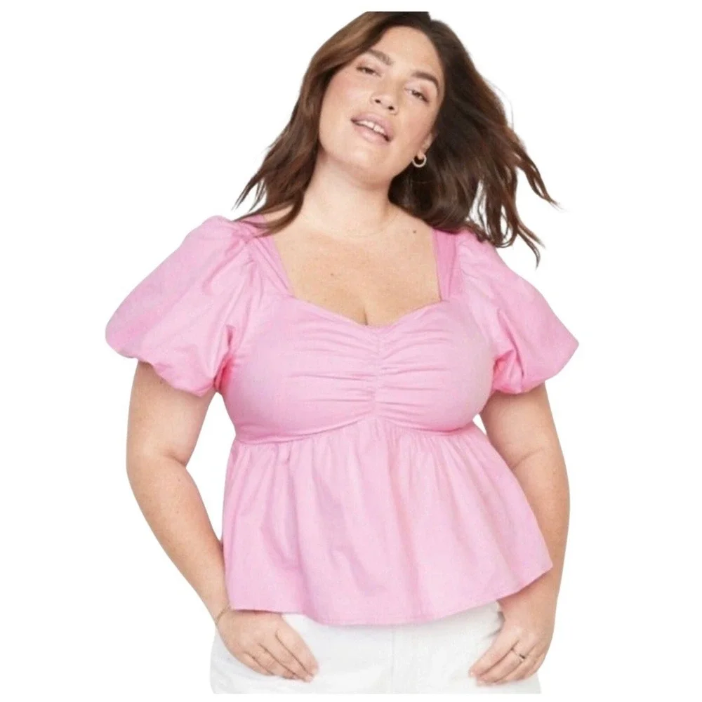 Old Navy Puff Sleeve Pink Smocked Baby Doll Swing Blouse Top Boho Peasant Sz XXL